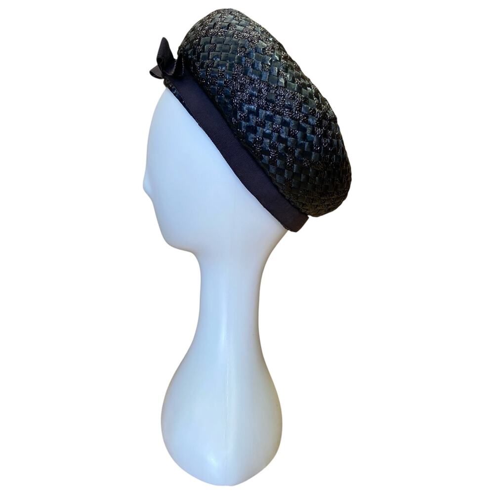 1960s Navy Blue Straw Pillbox Hat | Union Made Vintage Church Cocktail Hat - Picture 5 of 7